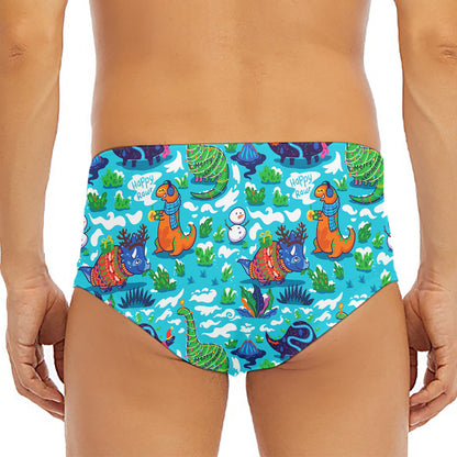 Xmas Dinosaur Pattern Print Men's Triangle Swim Briefs