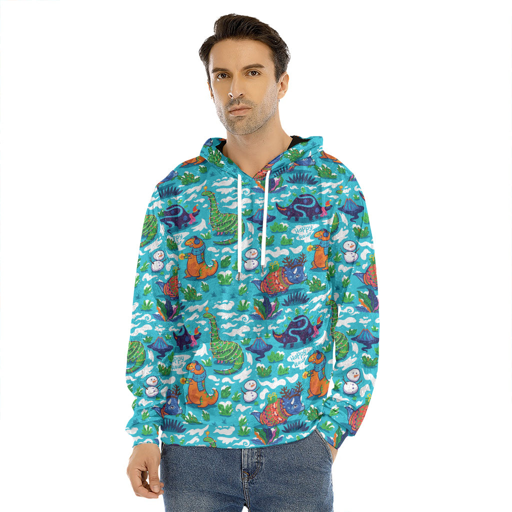 Xmas Dinosaur Pattern Print Men's Velvet Pullover Hoodie