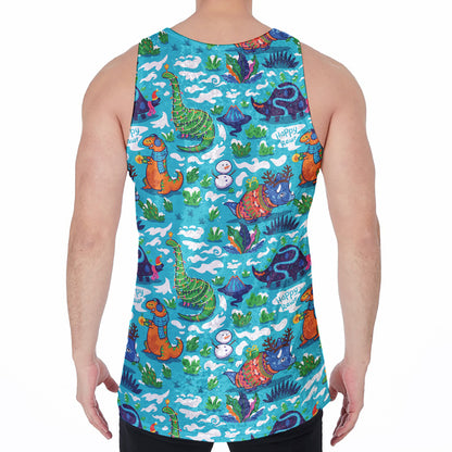 Xmas Dinosaur Pattern Print Men's Velvet Tank Top