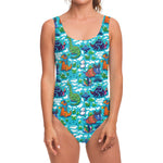 Xmas Dinosaur Pattern Print One Piece Swimsuit