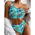 Xmas Dinosaur Pattern Print One Shoulder Bikini Set