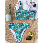 Xmas Dinosaur Pattern Print One Shoulder Bikini Top