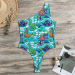 Xmas Dinosaur Pattern Print One Shoulder Bodysuit
