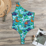 Xmas Dinosaur Pattern Print One Shoulder Bodysuit
