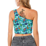 Xmas Dinosaur Pattern Print One Shoulder Crop Top