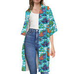 Xmas Dinosaur Pattern Print Open Front Beach Cover Up