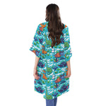 Xmas Dinosaur Pattern Print Open Front Beach Cover Up