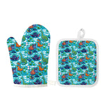 Xmas Dinosaur Pattern Print Oven Mitt And Pot Holder Set
