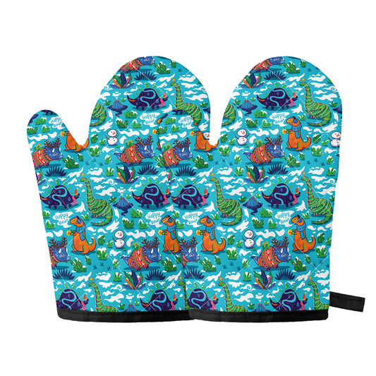 Xmas Dinosaur Pattern Print Oven Mitts