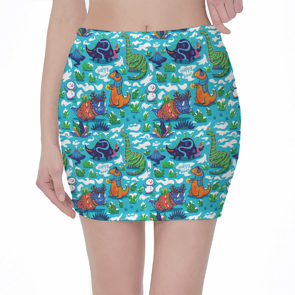 Xmas Dinosaur Pattern Print Pencil Mini Skirt