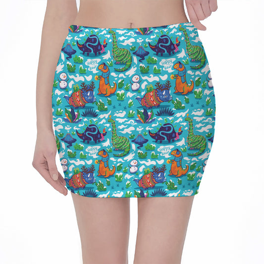 Xmas Dinosaur Pattern Print Pencil Mini Skirt