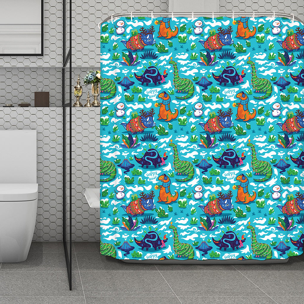 Xmas Dinosaur Pattern Print Polyester Shower Curtain