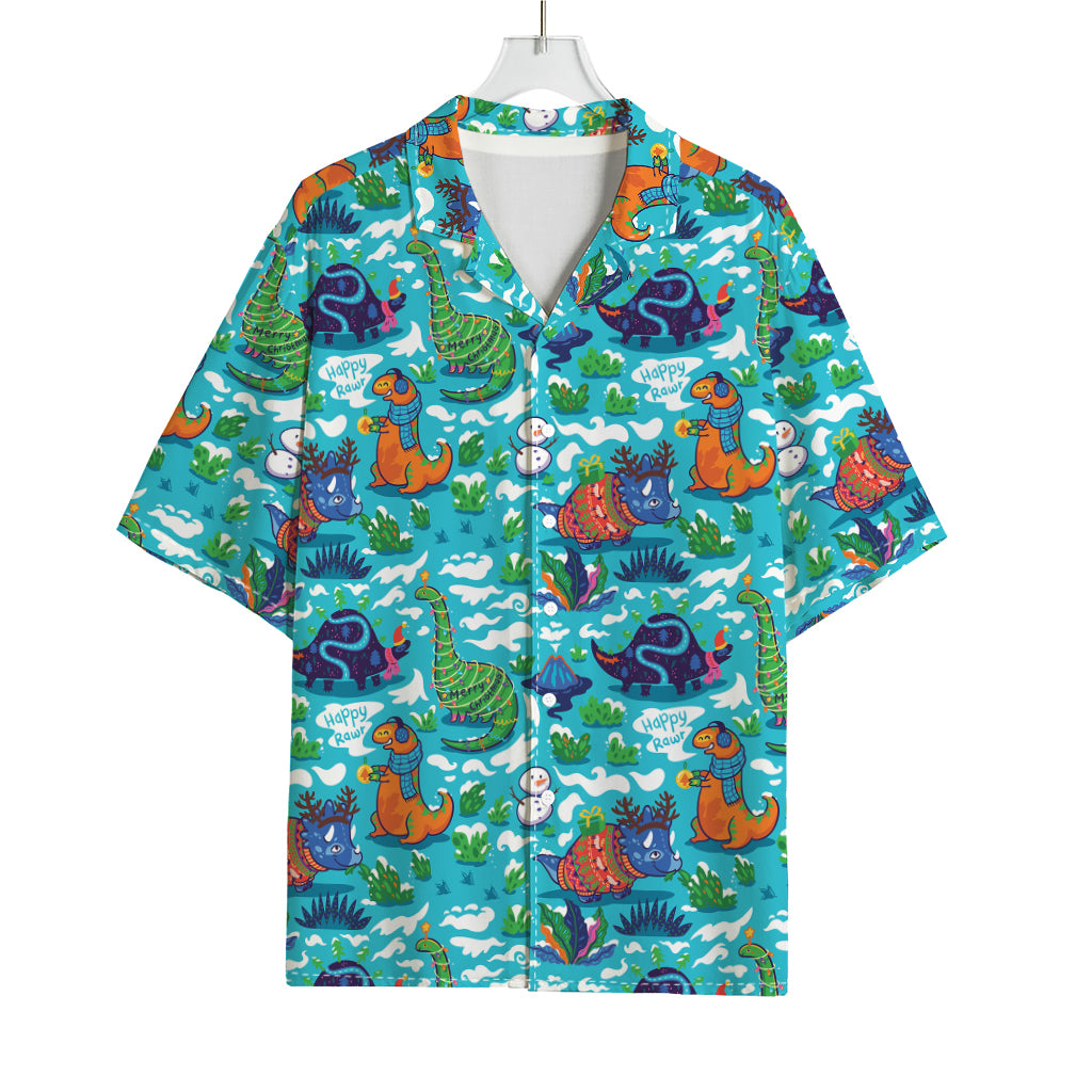 Xmas Dinosaur Pattern Print Rayon Hawaiian Shirt