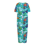 Xmas Dinosaur Pattern Print Short Sleeve Long Nightdress