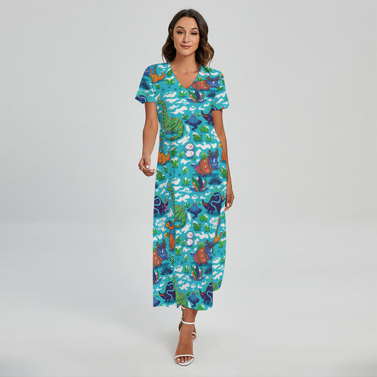 Xmas Dinosaur Pattern Print Short Sleeve Maxi Dress
