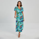 Xmas Dinosaur Pattern Print Short Sleeve Maxi Dress