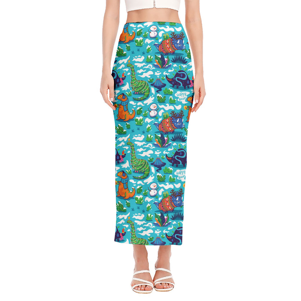 Xmas Dinosaur Pattern Print Side Slit Maxi Skirt