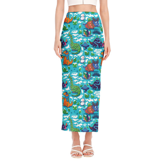 Xmas Dinosaur Pattern Print Side Slit Maxi Skirt