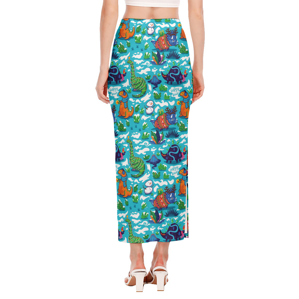 Xmas Dinosaur Pattern Print Side Slit Maxi Skirt