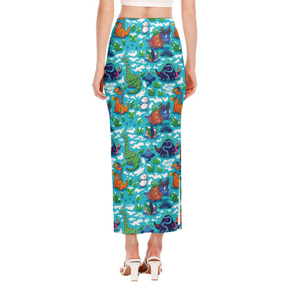 Xmas Dinosaur Pattern Print Side Slit Maxi Skirt