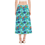 Xmas Dinosaur Pattern Print Side Slit Midi Skirt