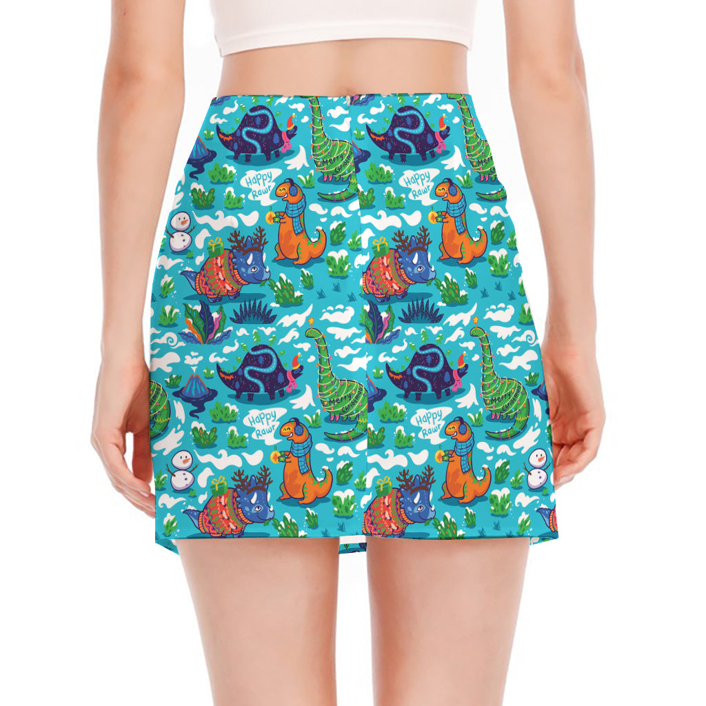 Xmas Dinosaur Pattern Print Side Slit Mini Skirt
