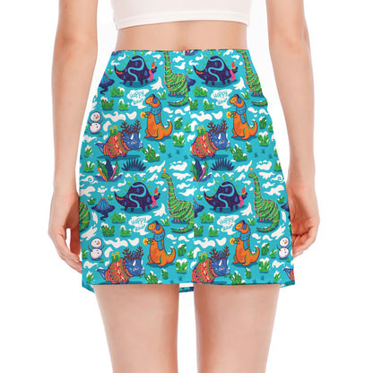 Xmas Dinosaur Pattern Print Side Slit Mini Skirt