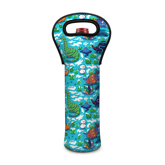 Xmas Dinosaur Pattern Print Single Neoprene Wine Tote