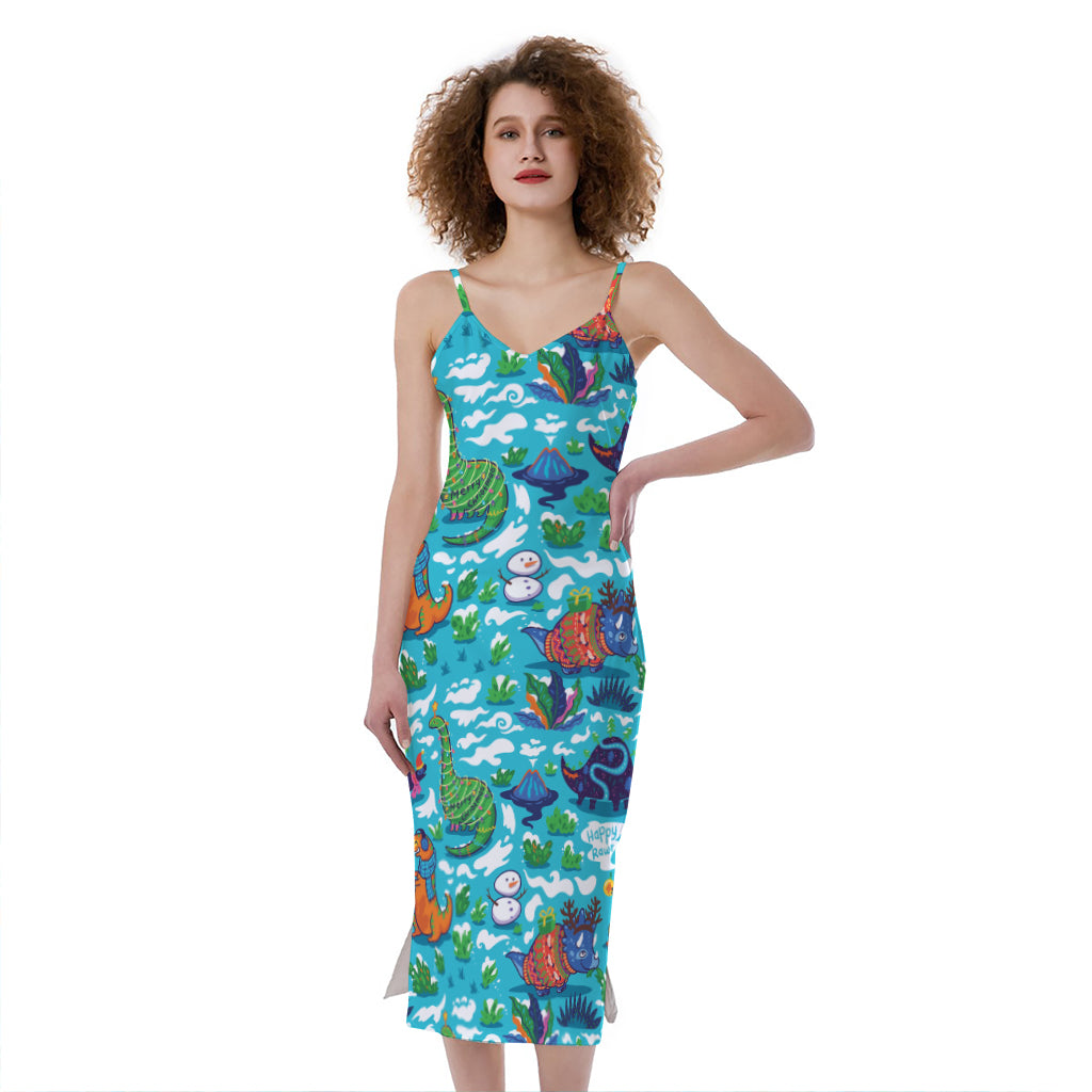 Xmas Dinosaur Pattern Print Slim Fit Midi Cami Dress