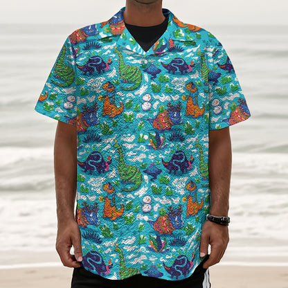 Xmas Dinosaur Pattern Print Textured Short Sleeve Shirt