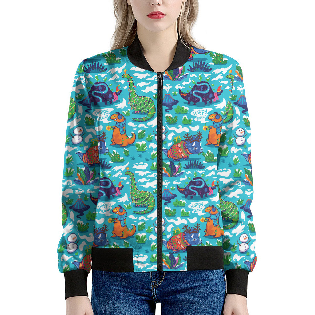 Xmas Dinosaur Pattern Print Women's Bomber Jacket