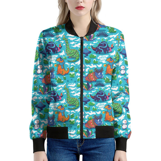 Xmas Dinosaur Pattern Print Women's Bomber Jacket