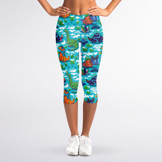 Xmas Dinosaur Pattern Print Women's Capri Leggings