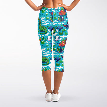 Xmas Dinosaur Pattern Print Women's Capri Leggings