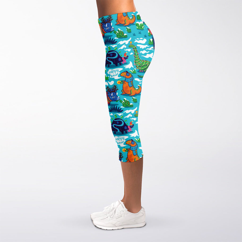 Xmas Dinosaur Pattern Print Women's Capri Leggings