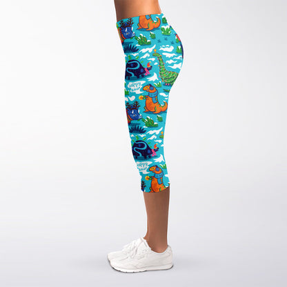 Xmas Dinosaur Pattern Print Women's Capri Leggings