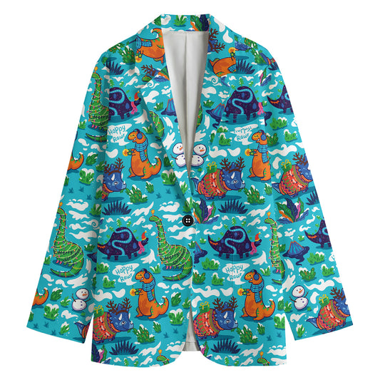 Xmas Dinosaur Pattern Print Women's Cotton Blazer