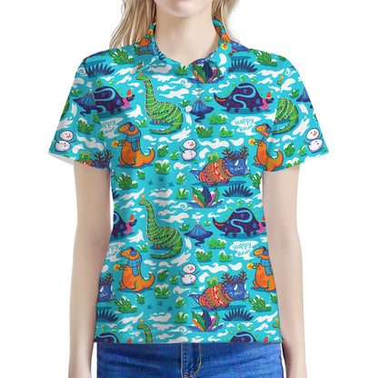 Xmas Dinosaur Pattern Print Women's Polo Shirt