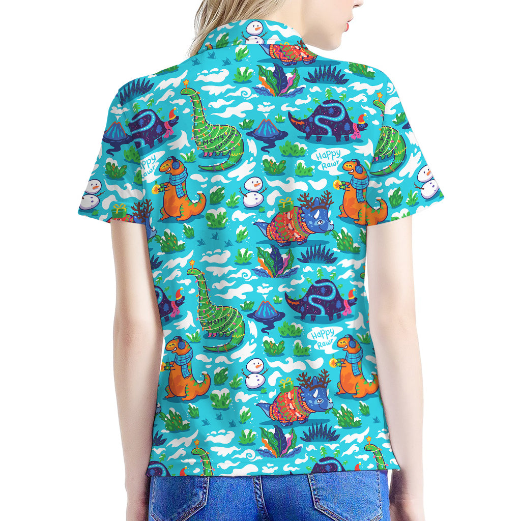 Xmas Dinosaur Pattern Print Women's Polo Shirt