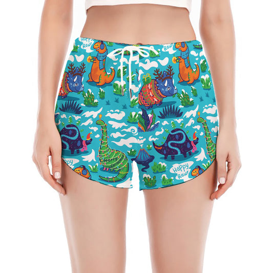 Xmas Dinosaur Pattern Print Women's Split Running Shorts