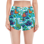 Xmas Dinosaur Pattern Print Women's Split Running Shorts