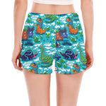 Xmas Dinosaur Pattern Print Women's Split Running Shorts
