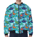 Xmas Dinosaur Pattern Print Zip Sleeve Bomber Jacket
