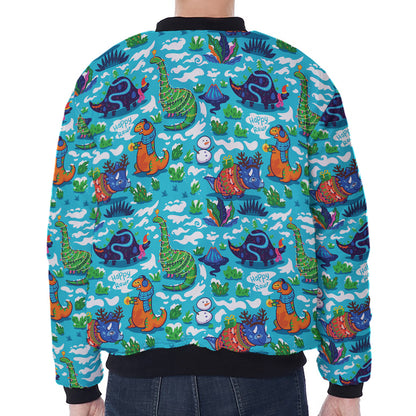 Xmas Dinosaur Pattern Print Zip Sleeve Bomber Jacket