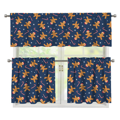 Xmas Gingerbread Man Pattern Print 3 Piece Kitchen Curtains