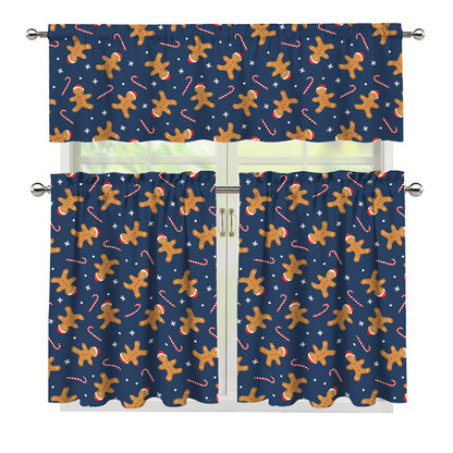 Xmas Gingerbread Man Pattern Print 3 Piece Kitchen Curtains
