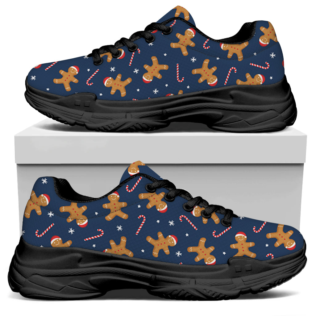 Xmas Gingerbread Man Pattern Print Black Chunky Shoes