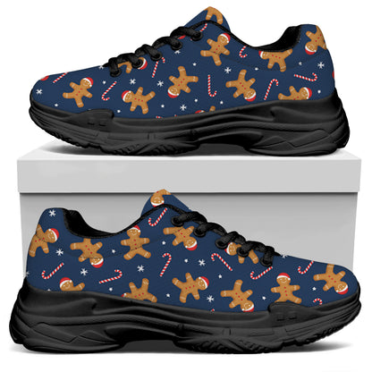 Xmas Gingerbread Man Pattern Print Black Chunky Shoes
