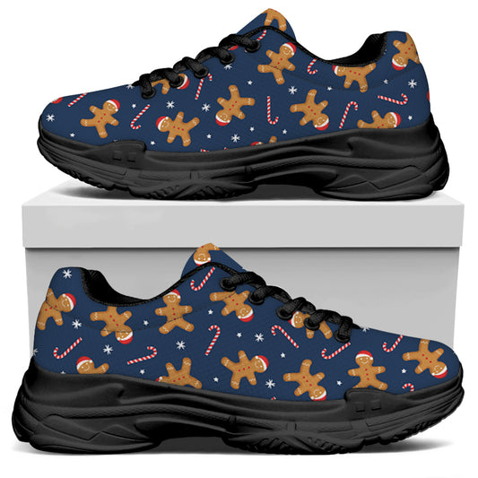 Xmas Gingerbread Man Pattern Print Black Chunky Shoes