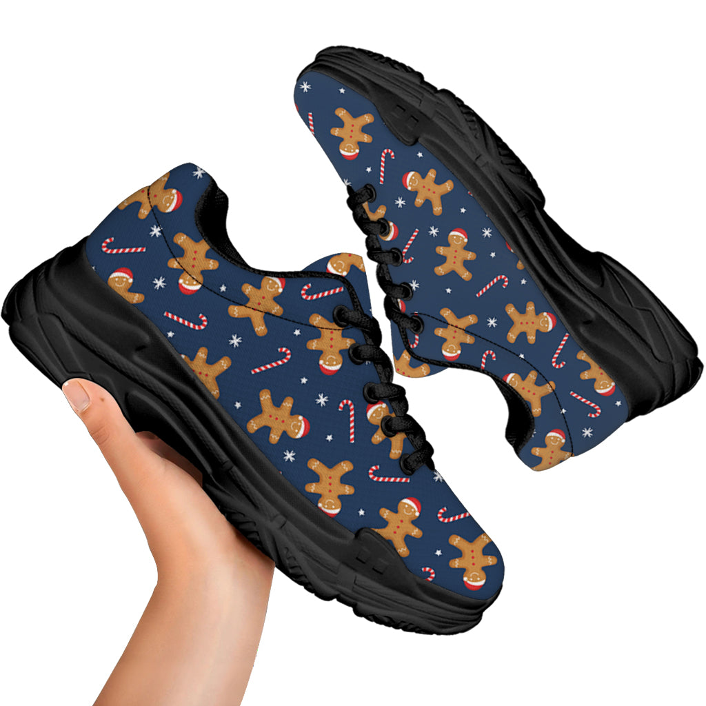 Xmas Gingerbread Man Pattern Print Black Chunky Shoes